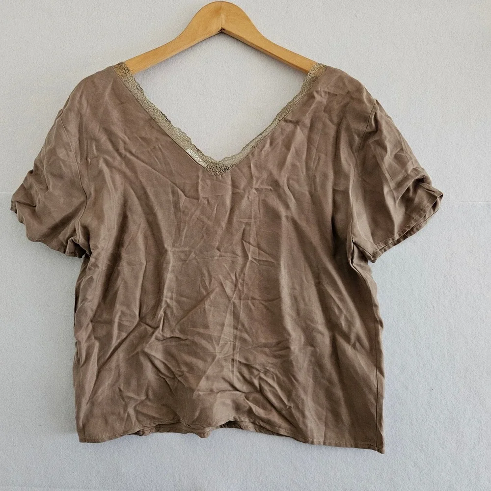 Vila Vileslie Lace Trim V-Neck Top Taupe Brown Cupro Lyocell Blouse EU 38